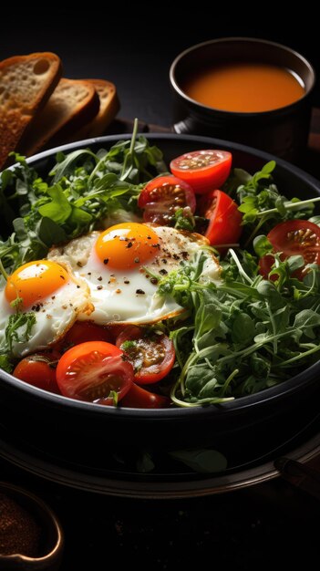 simple breakfast on a red skillet in dark tones