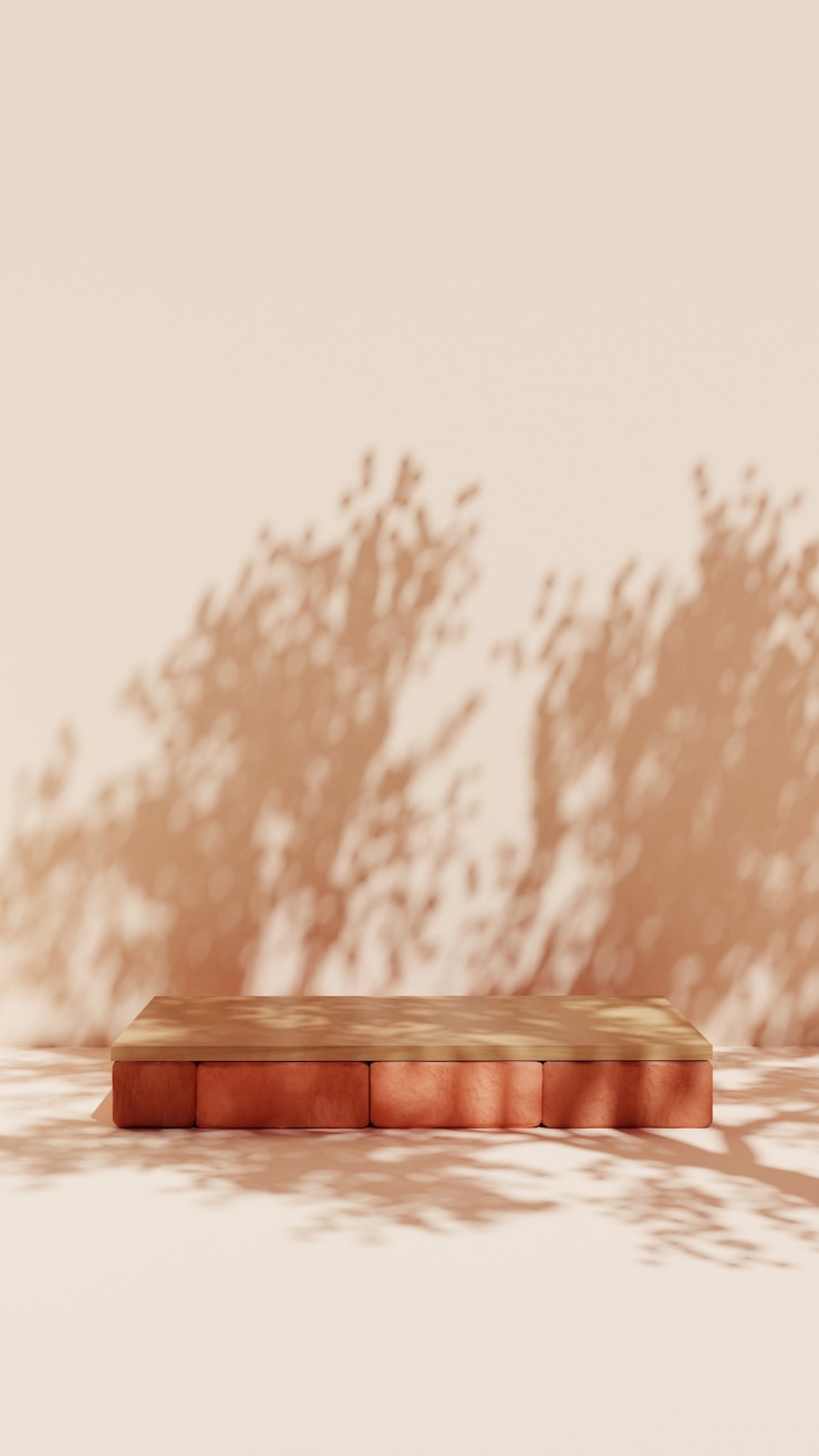 Photo simple brick podium with wood and tree shadow