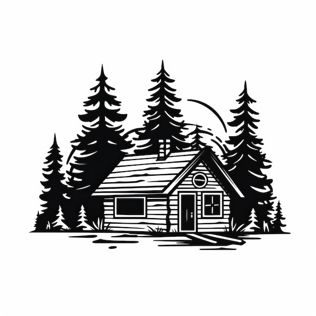 Simple Cabin Icon Detailed Ink Illustration In Black And White