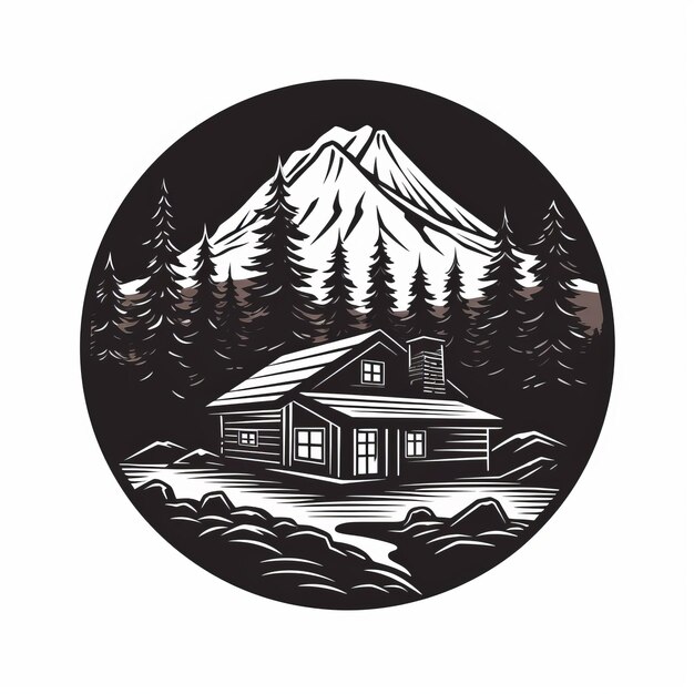 Photo simple cabin minimalistic woodblock art in black and white