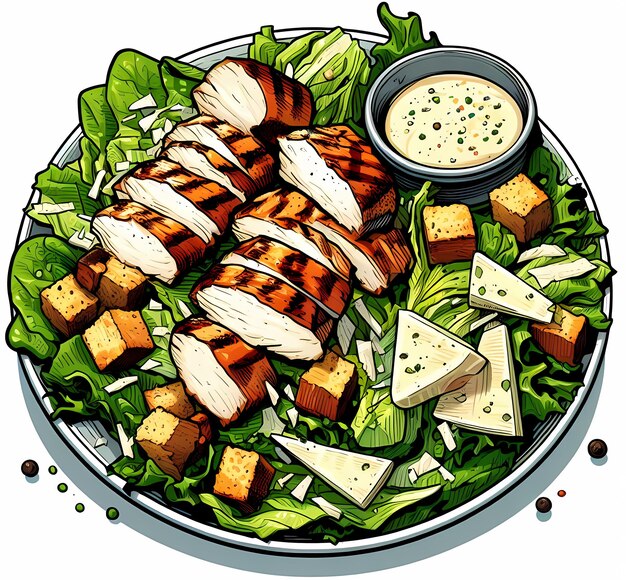 Simple cartoon illustration of caesar salad with grilled chicken