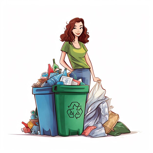 Photo simple cartoon illustration of a woman recycling rubbish