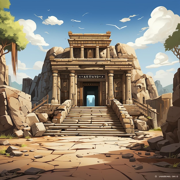 단순 한 만화  ⁇ 터 스타일 고대 사원 앞