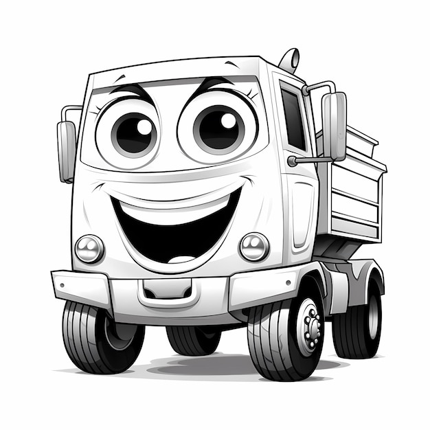 Foto simple cartoonstyle pagina da colorare in bianco e nero di un camion di scarico antropomorfo