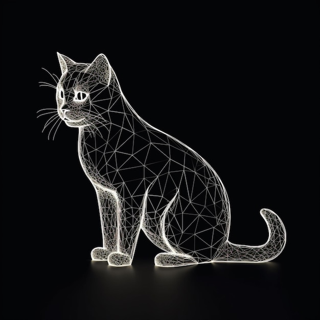 Simple cat white outline drawing picture black background AI Generated art