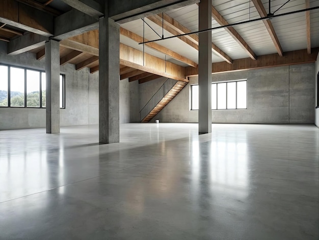 The simple cement floor contrasts with the loft architecture structure