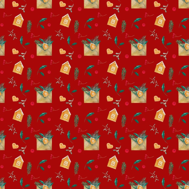 Простой рождественский бесшовный рисунок, нарисованный акварелью руками Новогодние подарки и украшения еловые ветви сосновые красные ягоды