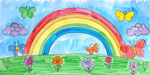A simple colorful drawing of a rainbow with butterflies and flowers on the ground children coloring book page The background is a blue sky with clouds