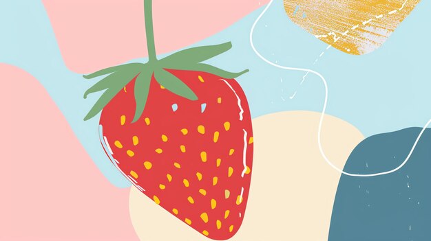 Foto un'illustrazione semplice e colorata di una fragola la fragola è disposta su uno sfondo di colori pastello e ha un gambo e foglie verdi