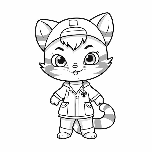simple coloring book for kids cartoon style page featuring a cute cat in nurse costume