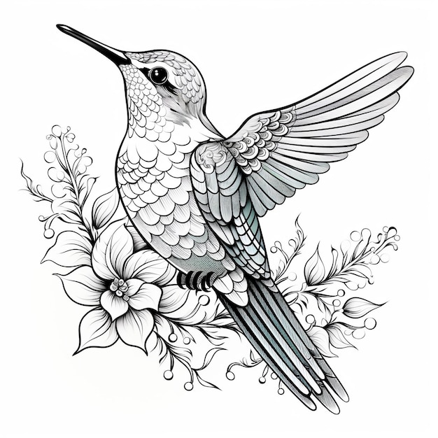 Foto pagina da colorare colibrì semplice con disegno di mandala in bianco e nero