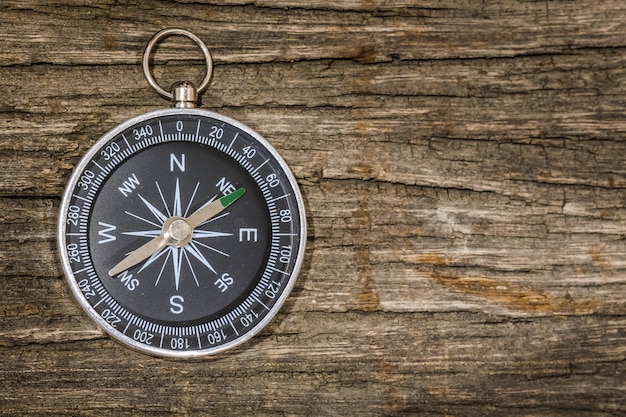 Photo simple compass on the wooden table with copy space