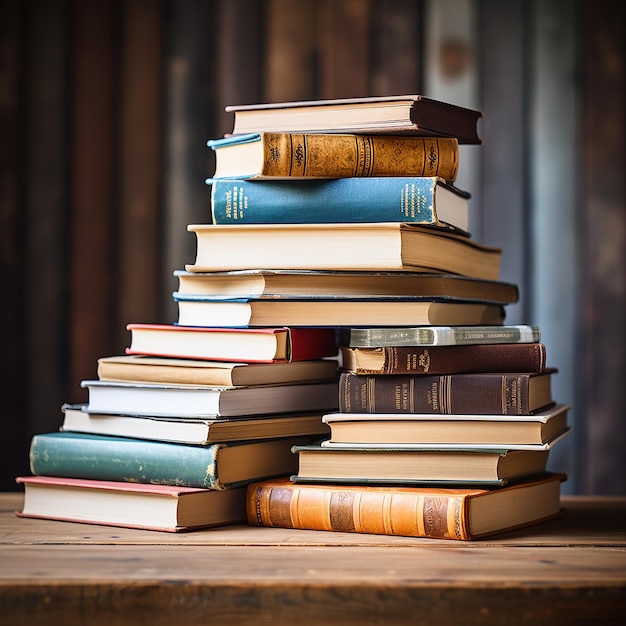 A simple composition of many books stack or pile of books on wooden table one of them open with co