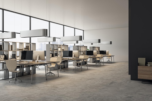 Simple concrete and wooden coworking office interior with bookcase partitions and panoramic windows with city view 3D Rendering