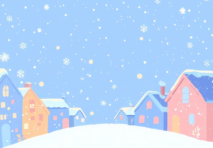 Photo 淡い空の青い背景の雪の中のパステル青のピンクと黄色の家を持つ小さな町のシンプルな可愛い漫画のイラスト