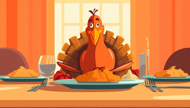 a simple cute cartoon of a turkey sitting at a thanksgiving dinner