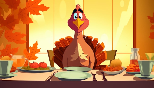 a simple cute cartoon of a turkey sitting at a thanksgiving dinner