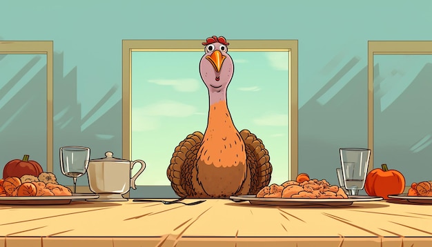 a simple cute cartoon of a turkey sitting at a thanksgiving dinner