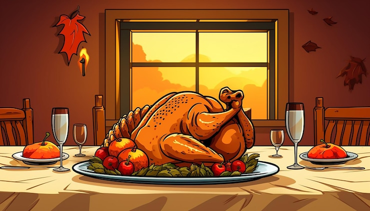 Photo a simple cute cartoon of a turkey sitting at a thanksgiving dinner