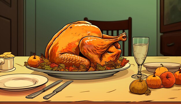 Photo a simple cute cartoon of a turkey sitting at a thanksgiving dinner