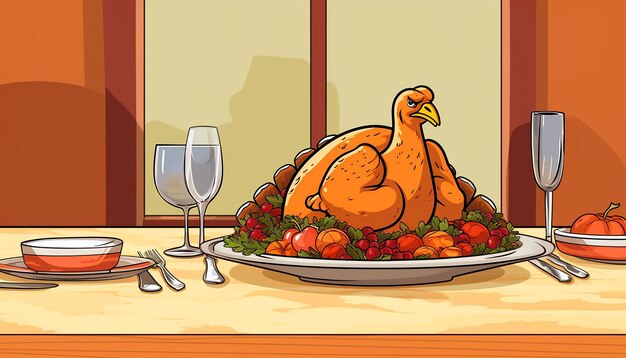 Photo a simple cute cartoon of a turkey sitting at a thanksgiving dinner