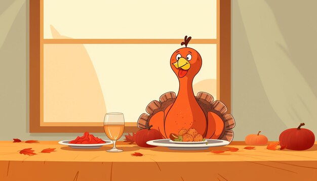 A simple cute cartoon of a turkey sitting at a thanksgiving dinner