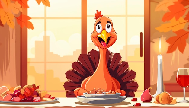 a simple cute cartoon of a turkey sitting at a thanksgiving dinner