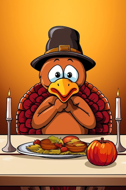 Photo a simple cute cartoon of a turkey sitting at a thanksgiving dinner