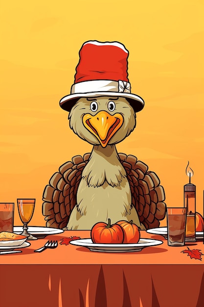 A simple cute cartoon of a turkey sitting at a thanksgiving dinner