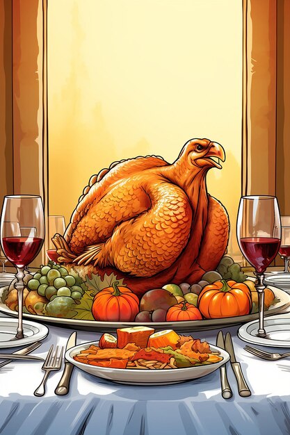 A simple cute cartoon of a turkey sitting at a thanksgiving dinner