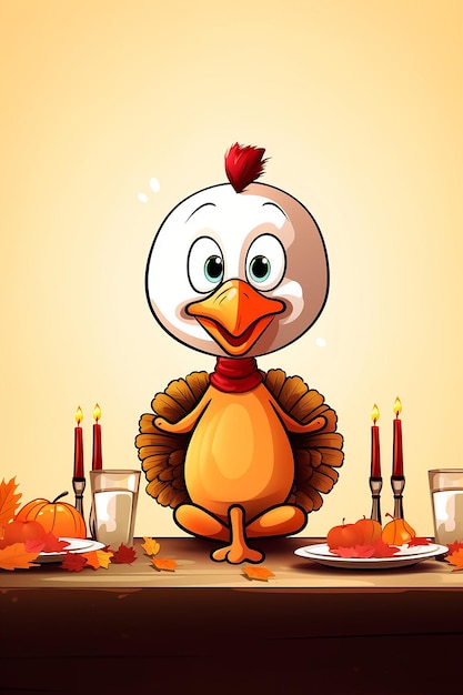 Foto un semplice cartone animato carino di un tacchino seduto a una cena di ringraziamento