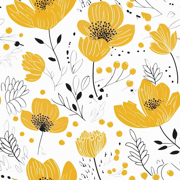 Простые и декоративные желтые цветы, нарисованные вручную, в скандинавском стиле, цветочный бесшовный узор, генерация AI