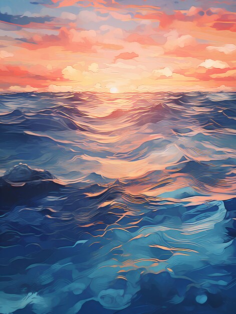 Simple deep blue sea water with waves and sunset