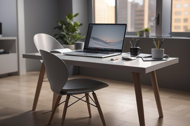 Simple desk with chair and grey laptop