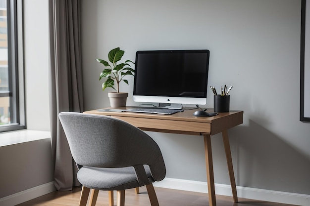 의자가 있는 간단한 책상과 회색 노트북
