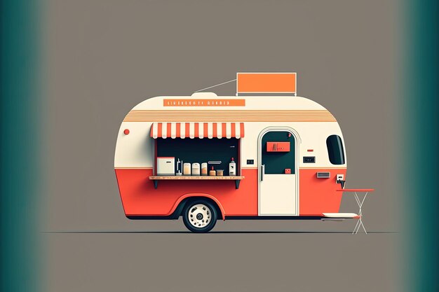 Simple digital illustration of food trailer for fast food sale with background. Generative AI