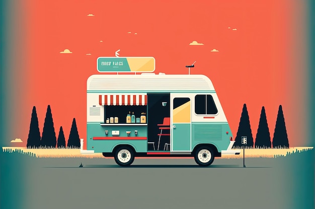 Simple digital illustration of food trailer for fast food sale with background. Generative AI