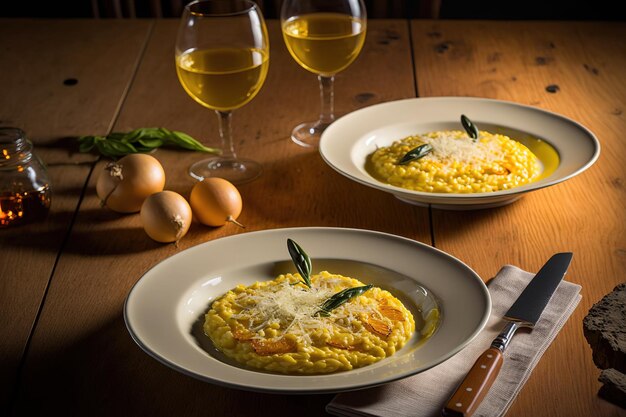 A simple dinner On a wooden table there are two plates of Risotto Milanese