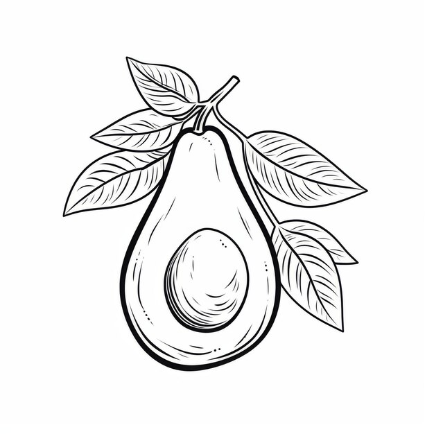 Photo a simple drawing of an avocado with leaves on a white background kids coloring page