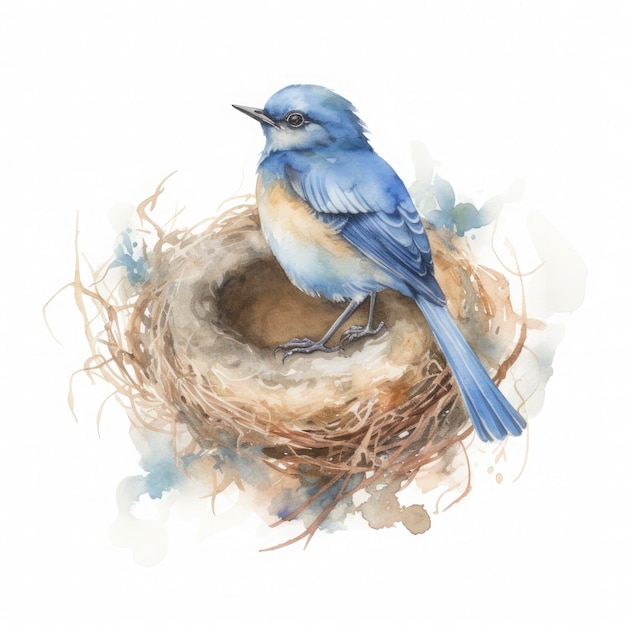 A simple drawing of a bluebird wearing a watercolor washed nest with eggs on it's head in the style of Beatrix Potter on white background Generate Ai