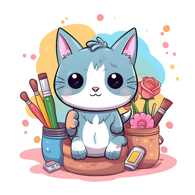 simple drawing of a cute cat holding an artist tools pastel colours