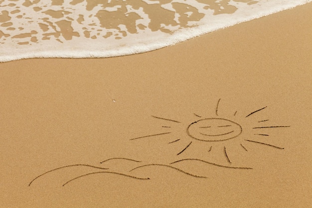 Simple drawing of sun and waves in the sand of the beach