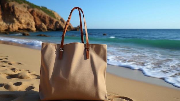 A simple ecofriendly fabric bag on the background of the beach on the sea