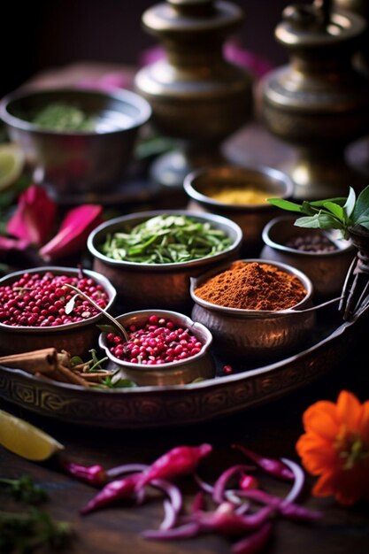 a simple yet elegant arrangement of Pakistani spices in traditional bowls