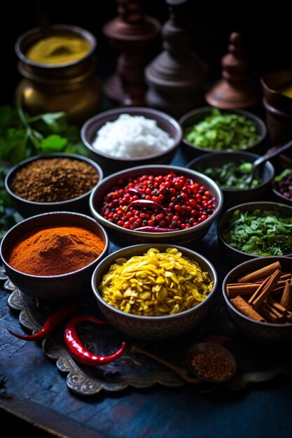 a simple yet elegant arrangement of Pakistani spices in traditional bowls