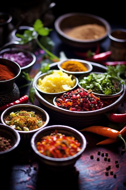 a simple yet elegant arrangement of Pakistani spices in traditional bowls