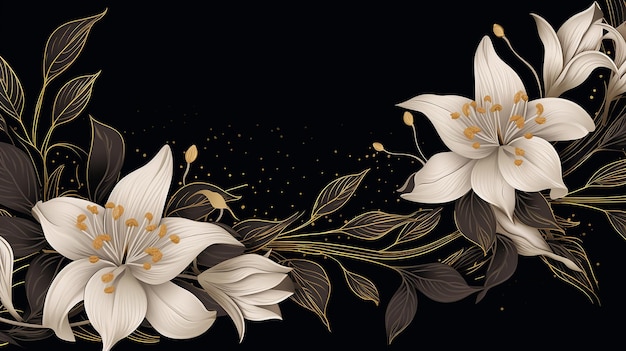 Photo simple elegant black background with vintage luxury floral frame with with golden lilies flowers