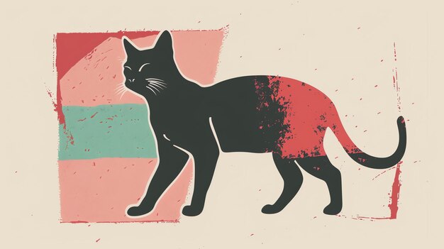 A simple and elegant black cat with a pink and red background The cat is in a walking pose and has a serene expression on its face