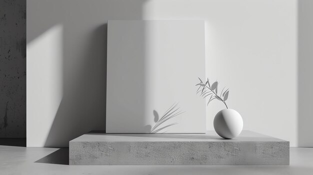 A simple and elegant product display scene A white vase with a plant sits on a concrete podium against a white wall