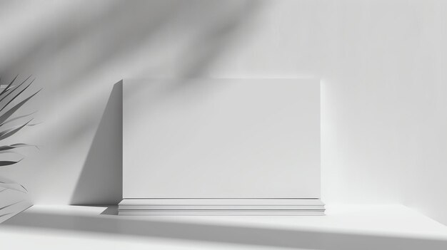 A simple and elegant product display A white podium sits on a white surface against a white background A plant is placed to the left of the podium